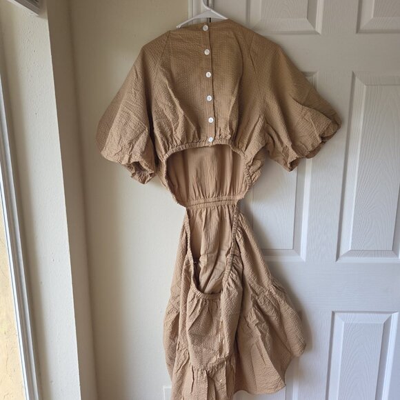 Madewell Dress 2XL Mini Seersucker Puff-Sleeve Cutout Tan Brown Plus Size - Picture 3 of 9